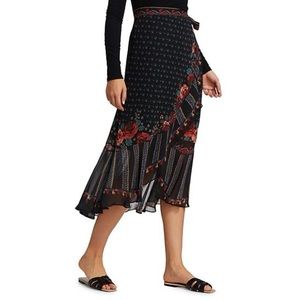 Farm Rio Embroidered Floral Black Bohemian Boho Wrap Maxi Skirt Size Small,